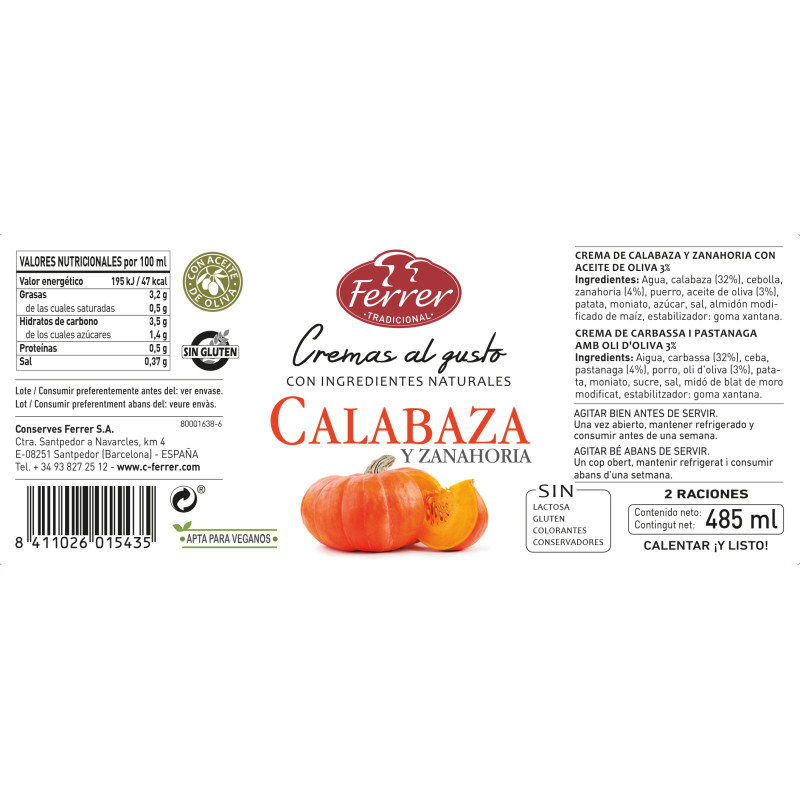 CREMA DE CALABAZA Y ZANAHORIA 485ml